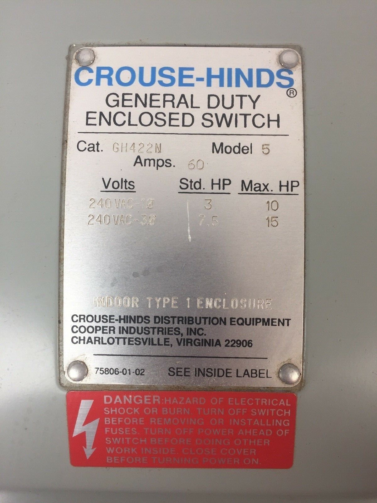 CROUSE HIND GH422N FUSIBLE ENCLOSED SWITCH 60A 240VAC 3 POLE TYPE 1