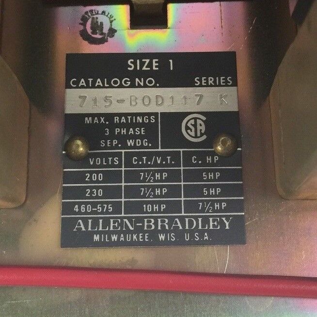 ALLEN BRADLEY 715-BOD117 TWO SPEED STARTER SEPARATE WINDING SIZE 1 120V 60HZ