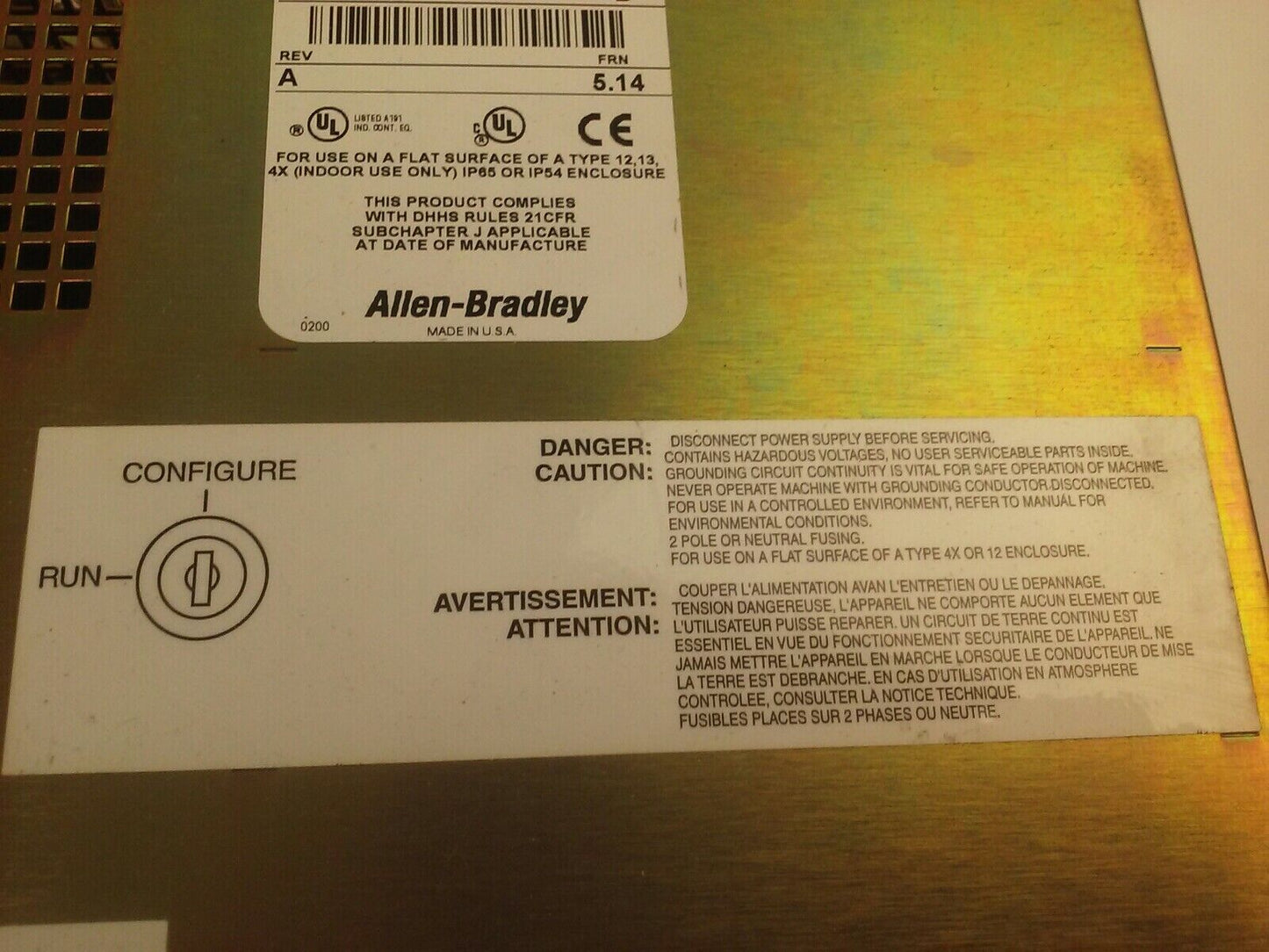 ALLEN BRADLEY 2711E-T10C6 SER. D REV. A PANELVIEW 1000E TERMINAL FRN 5.14