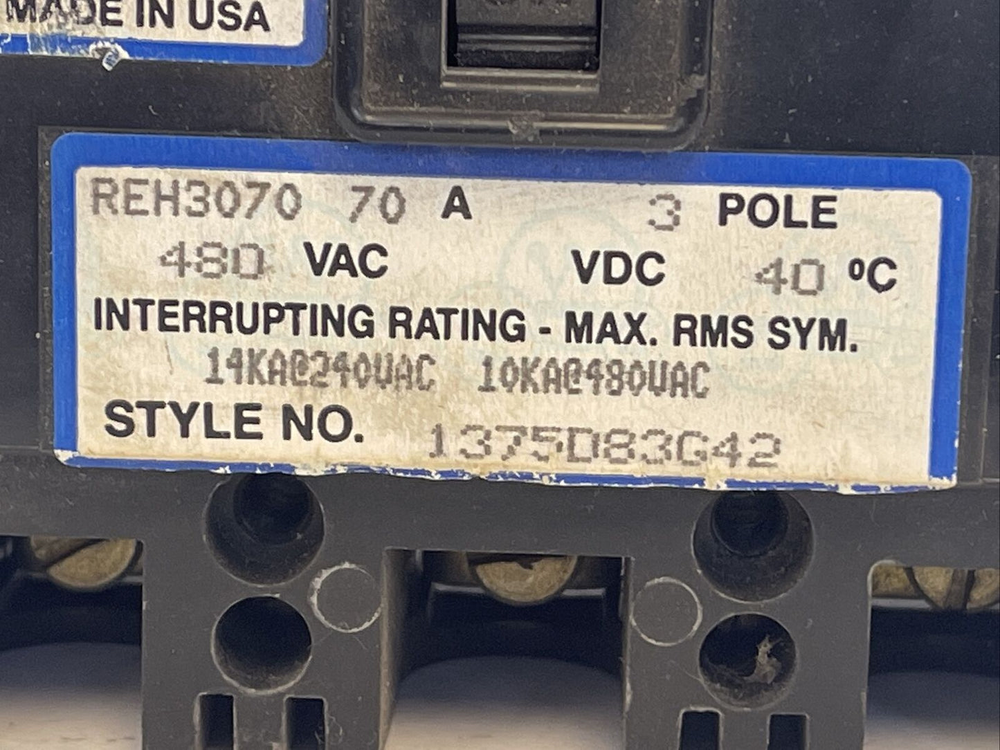 WESTINGHOUSE REH3070 CIRCUIT BREAKER 70AMP 480VAC 3POLE 1375D83G42