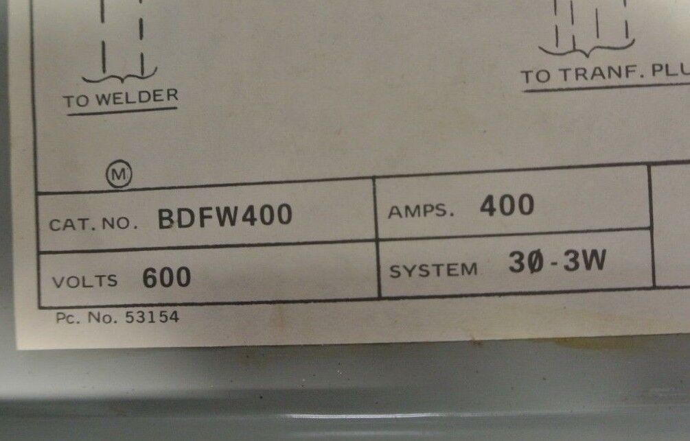 SIEMENS BDFW400 WELDER BUS PLUG w/ JXD63S400A BREAKER 600V, 400A, 3-PHASE, 3WIRE