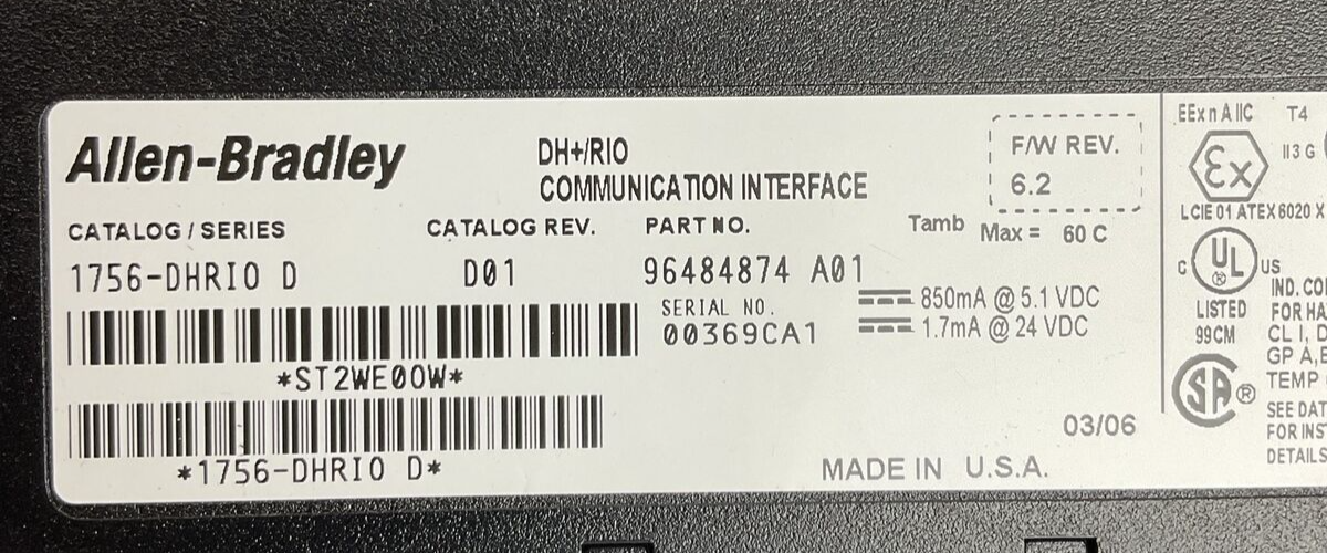 ALLEN BRADLEY 1756-DHRIO SER D CAT REV D01 F/W REV 6.2 DH+/RIO COMMUNICATIONS