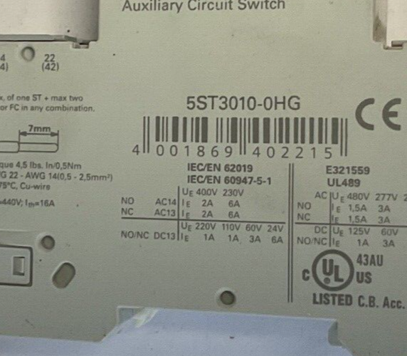 SIEMENS 5SJ4110-7HG41 CIRCUIT BREAKER 10A AUXILIARY CIRCUIT SWITCH ***LOTOF3***