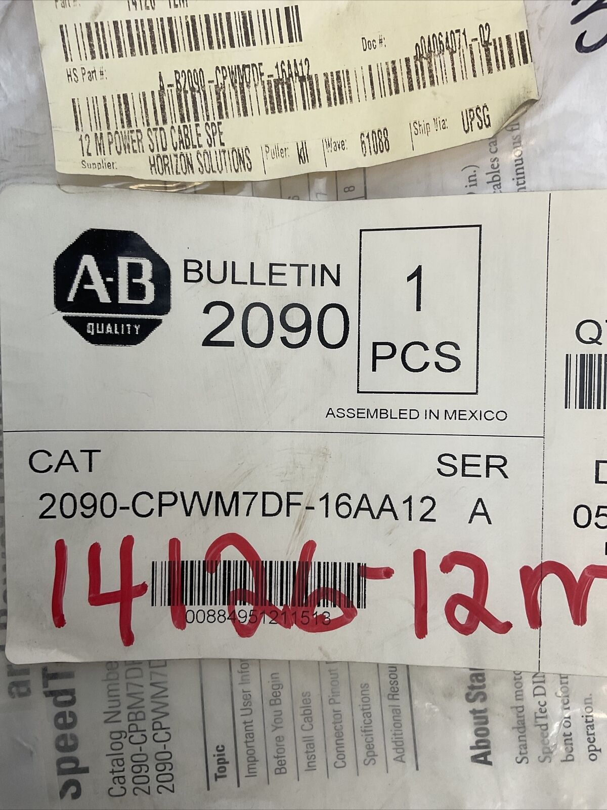ALLEN BRADLEY 2090-CPWM7DF-16AA12 SER A POWER CABLE WITH SPEED TEC DIN CONNECTOR