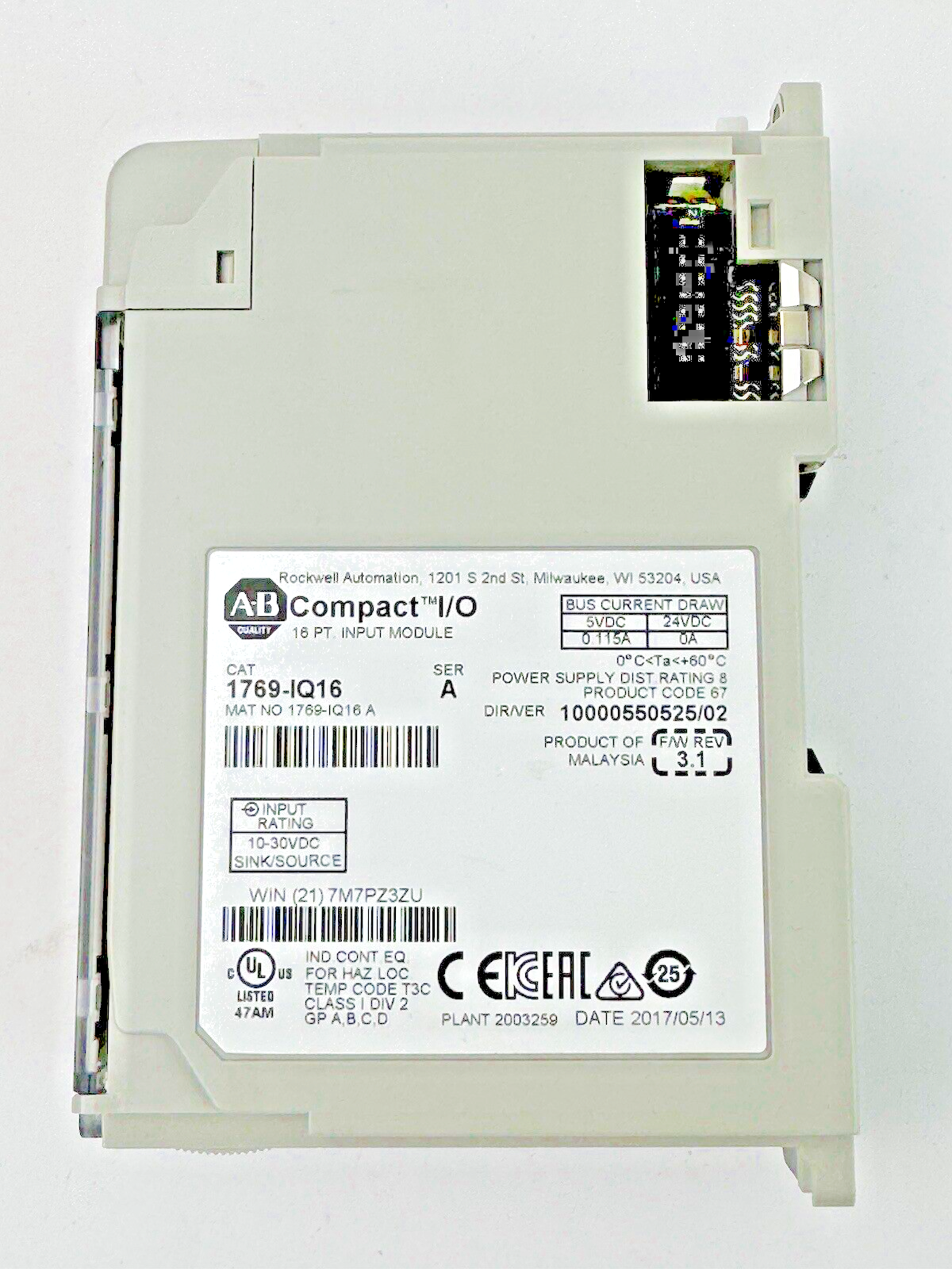 ALLEN-BRADLEY - 1769-IQ16 SER. A, F/W REV 3.1, DIR/VER 10000550525/02 - 16 PT.