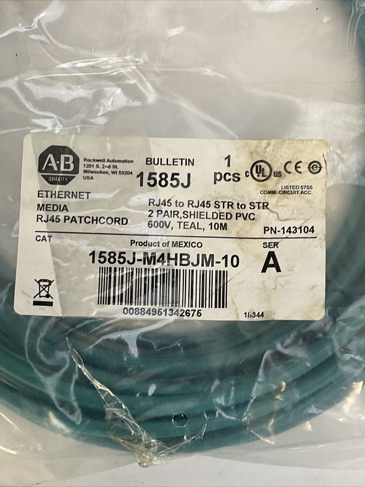 ALLEN BRADLEY 1585J-M4HBJM-10 SER A ETHERNET MEDIA RJ45 PATCHCORD