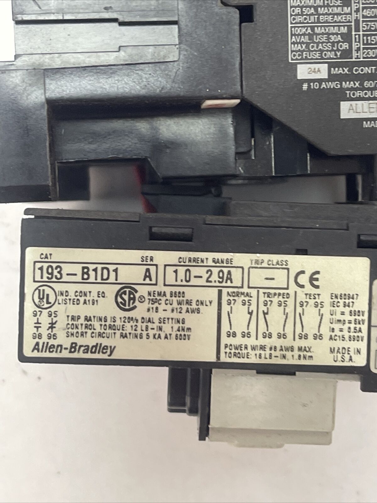 ALLEN BRADLEY STARTER 100-A24ND3 SER C CONTACTOR 600VAC 24A 20HP COIL 120V 60HZ