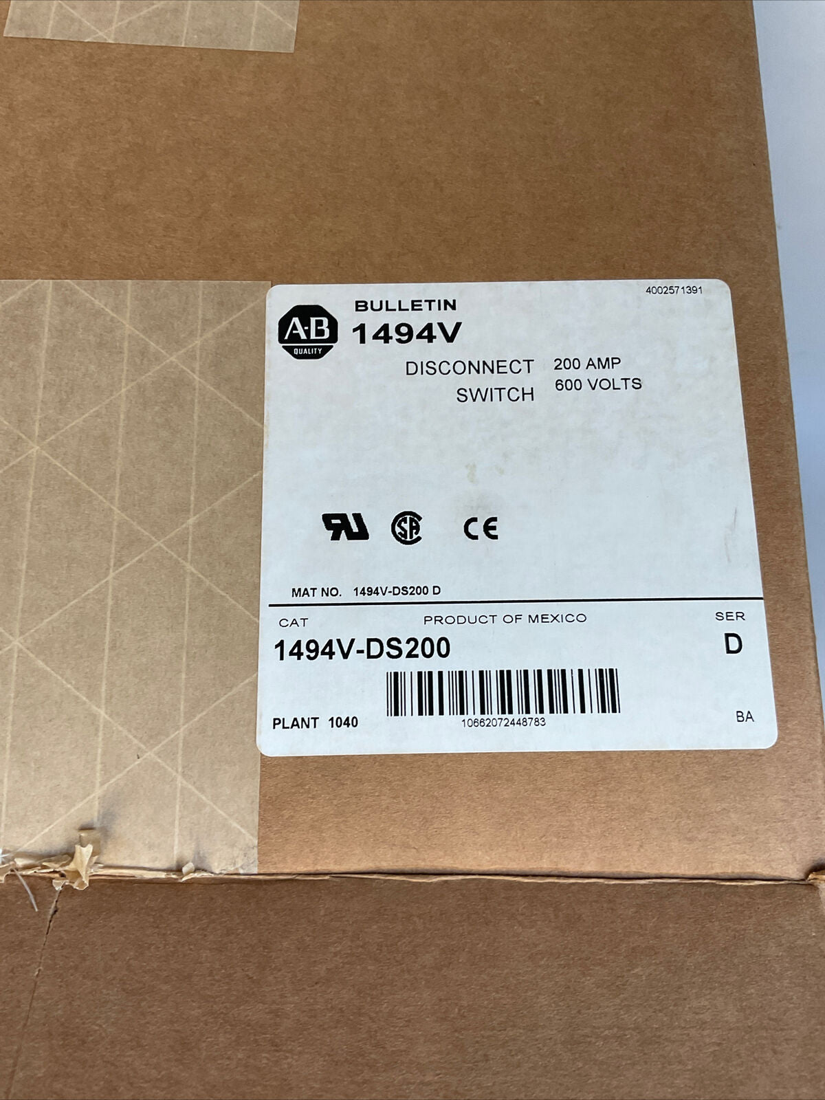 ALLEN BRADLEY 1494V-DH622-A DISCONNECT SWITCH KIT FUSIBLE 200A 600V