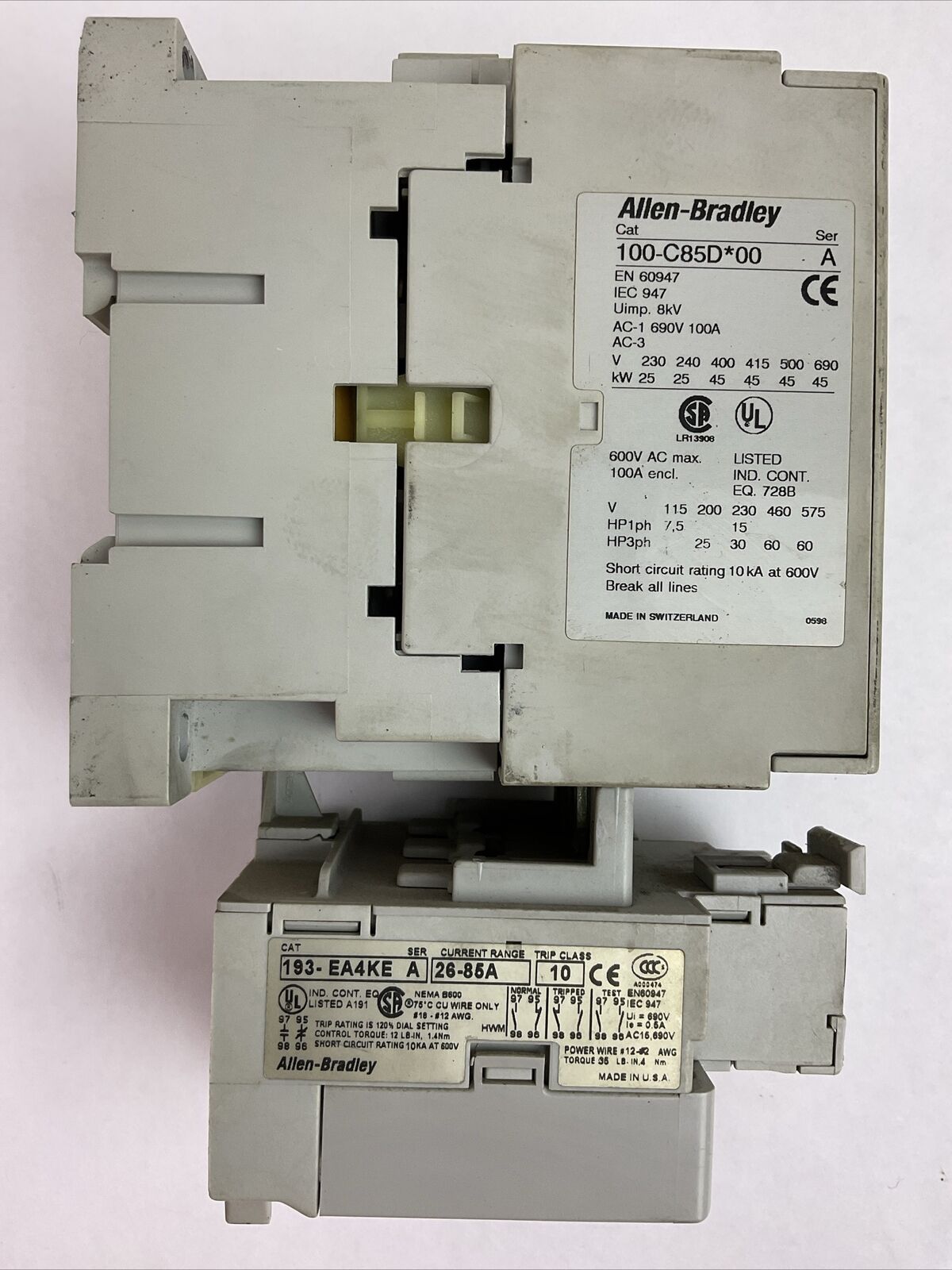 ALLEN BRADLEY STARTER (100-C85D*00 SER A CONTACTOR COIL 24VDC + 193-EA4KE RELAY)