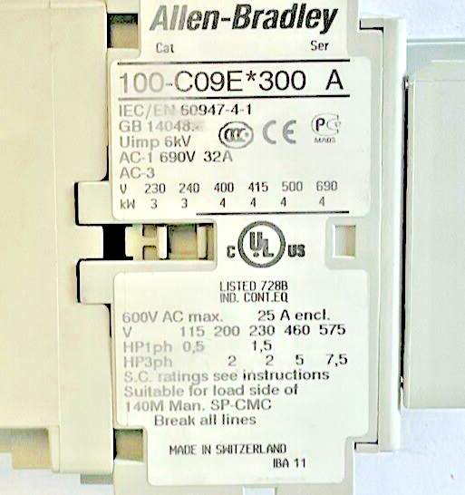 ALLEN BRADLEY 100-C09E*300 CONTACTOR 24VDC SER.A / 100-F COIL SER.B
