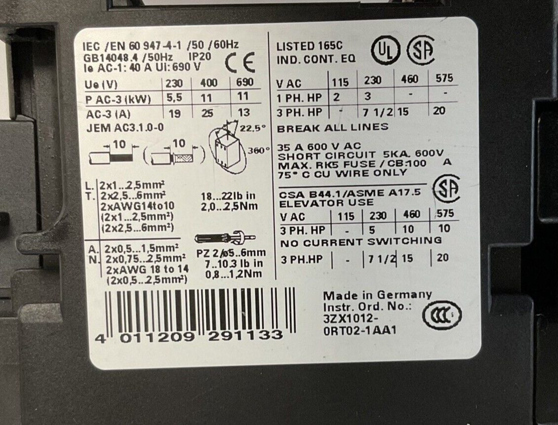 SIEMENS 3RT102-1B..0 W/3RH1921-1FA22 CONTACTOR 50/60HZ 600VAC W/3RT1926-1TR00