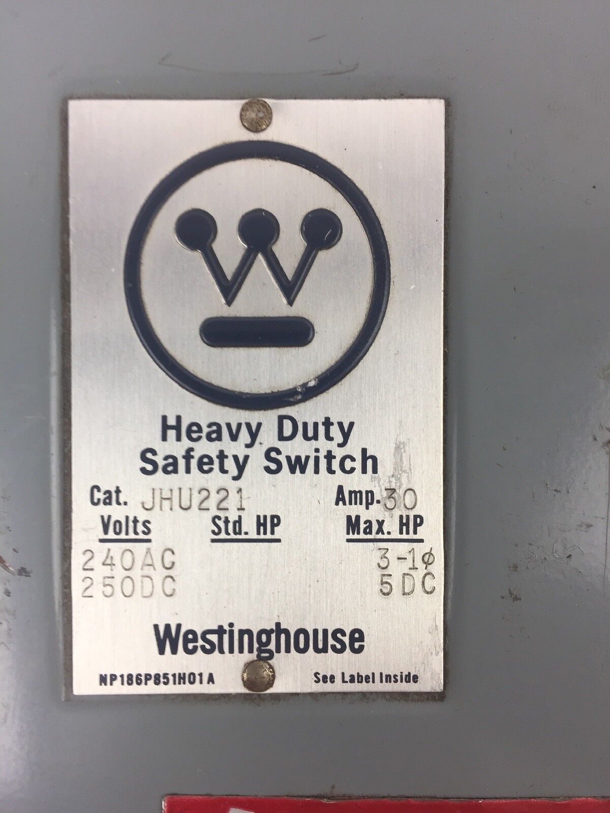 WESTINGHOUSE JHU221 HEAVY DUTY SAFETY SWITCH 240 VAC 250 VDC 30 AMP