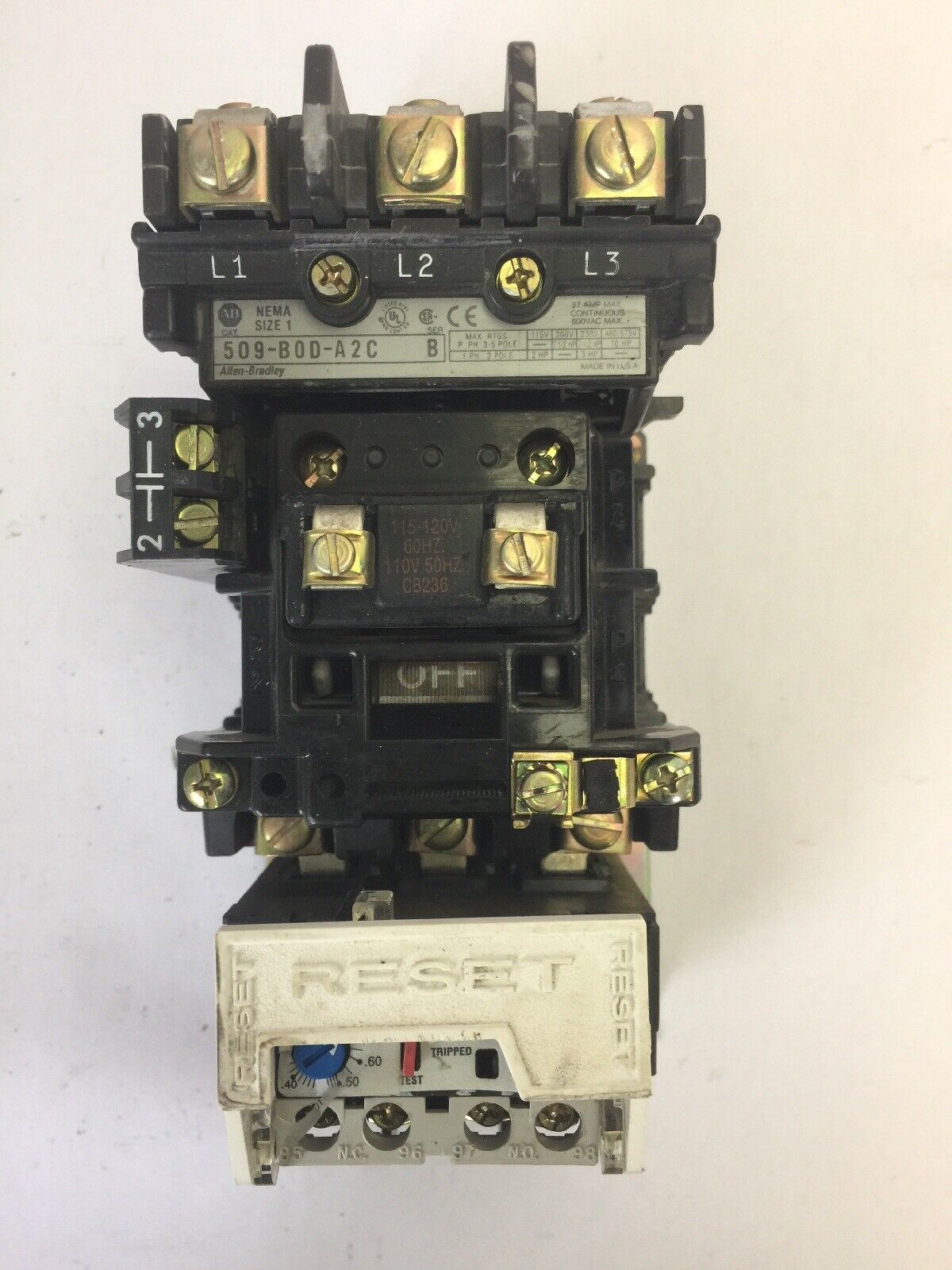 ALLEN BRADLEY 509-B0D-A2C SIZE 1 STARTER SER B 600VAC 27A 10HP 592-A2CA 595-A