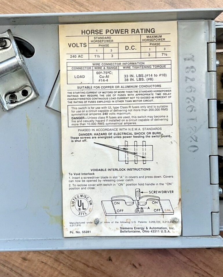 ITE SIEMENS V2B3211R VACU-BREAK PANELBOARD SWITCH SER.A 240V 30A 3POLE 3PH