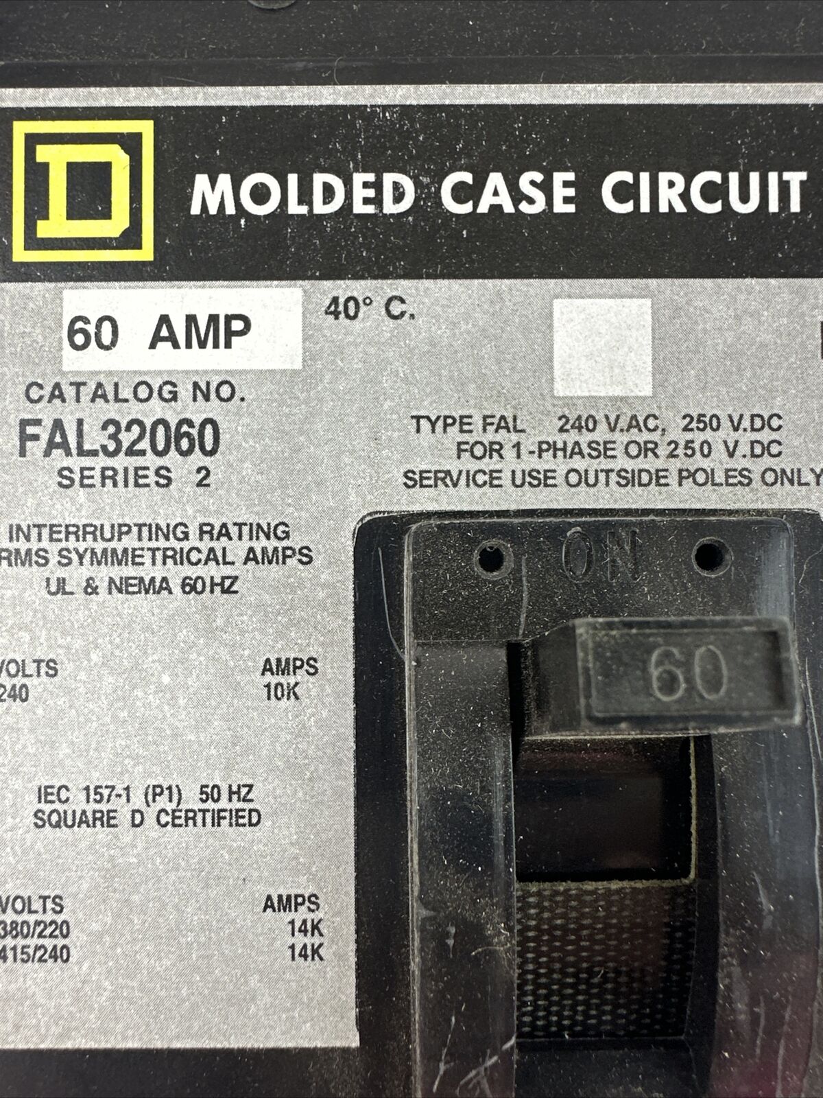 SQUARE D FAL32060 SER 2 CIRCUIT BREAKER 250VDC 240VAC 60AMP 3POLE