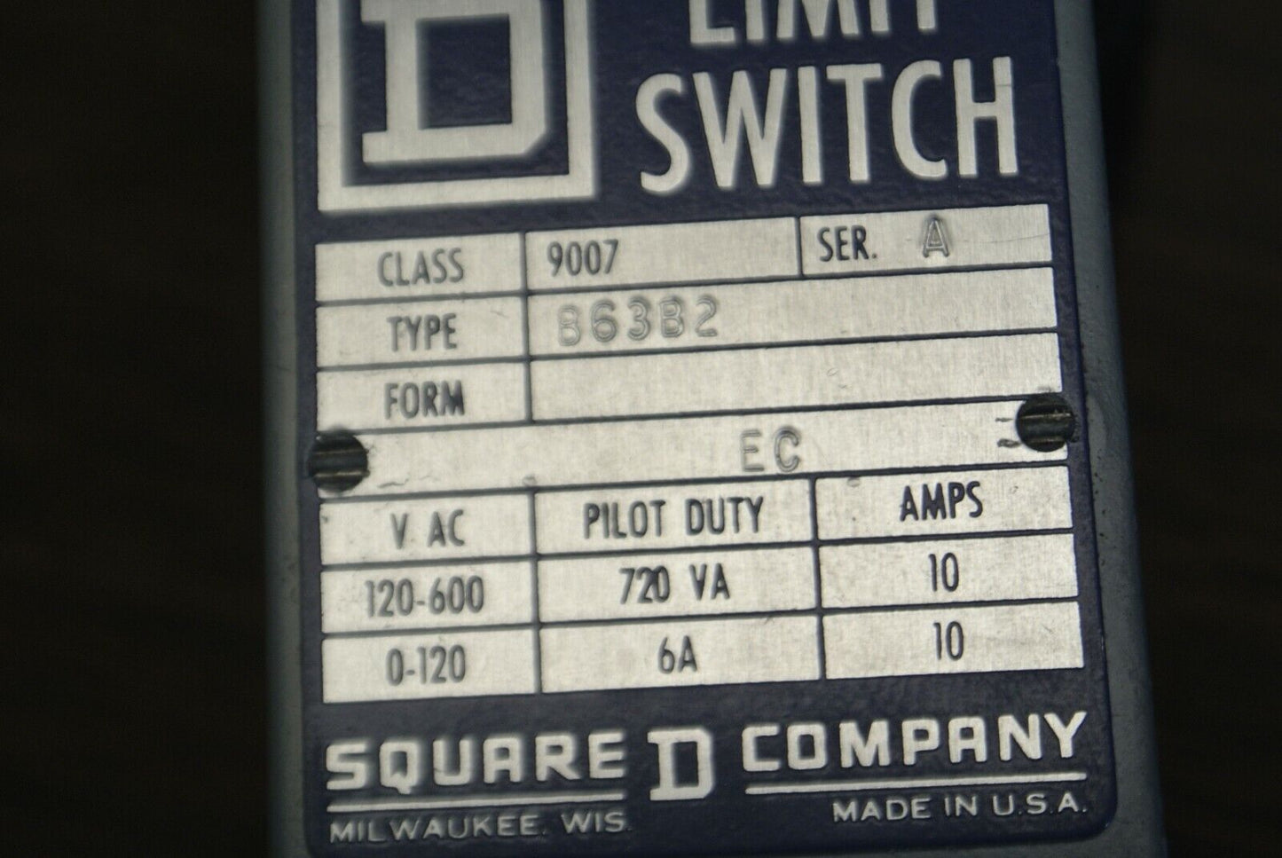 SQUARE D 9007 B63B2 Ser. A LIMIT SWITCH / 0-120 . 120-600VAC / 10A NEW SURPLUS
