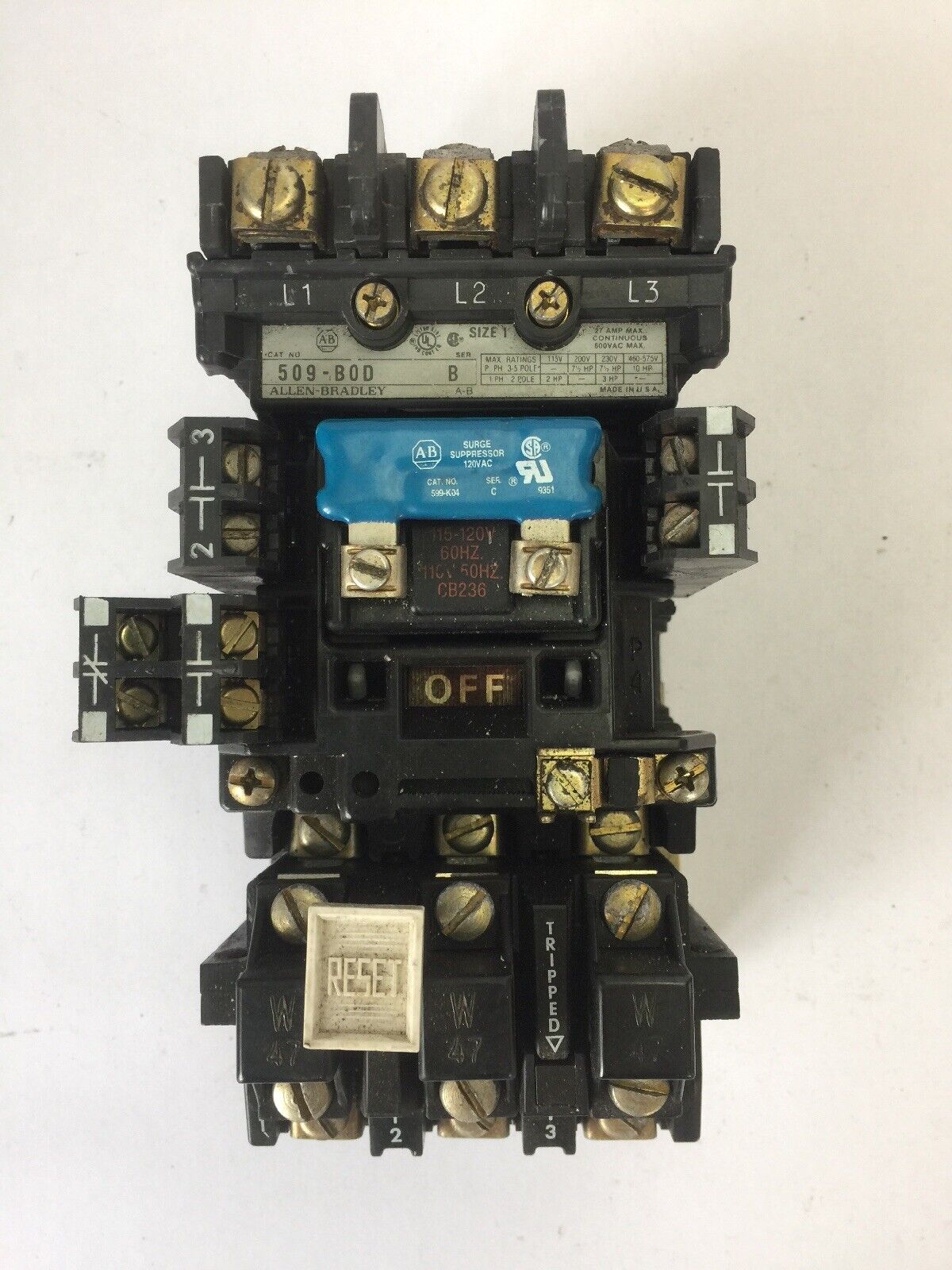 ALLEN BRADLEY 509-B0D SIZE 1 STARTER 600VAC 27AMP 10HP W47 HEATERS 120V COIL