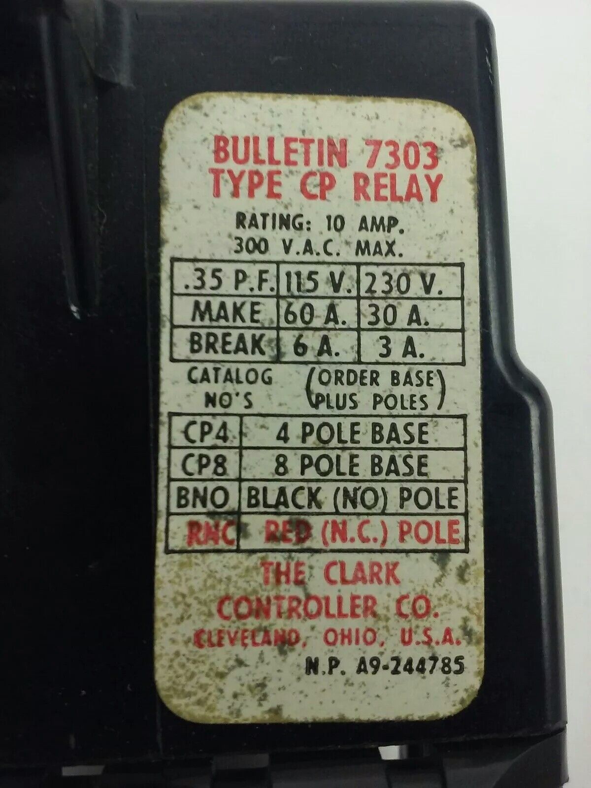 CLARK, CP8, BULLENTIN 7303, TYPE CP RELAY, 8P BASE, 300V,10A,NEW,MISSING SCREWS!