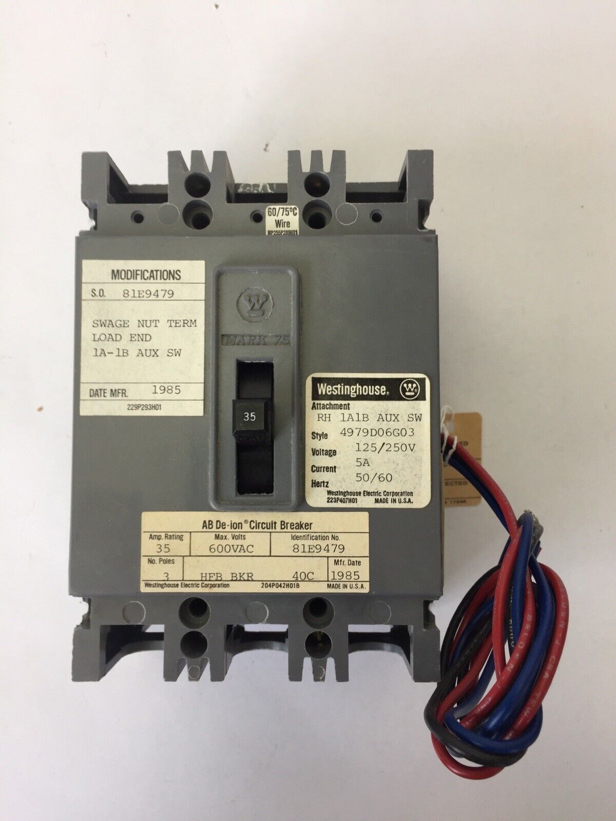 WESTINGHOUSE HFB3035 AB DE-ION CIRCUIT BREAKER 35AMP 600VAC 3POLE 4979D06G03