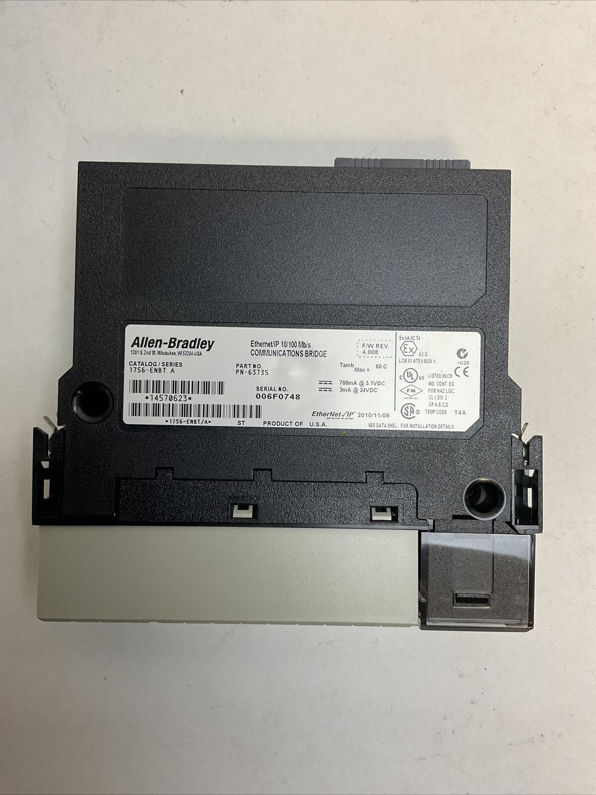 ALLEN BRADLEY 1756-ENBT F/W REV 4.008 ETHERNET/IP 10/100 Mb/s COMMUNICATIONS