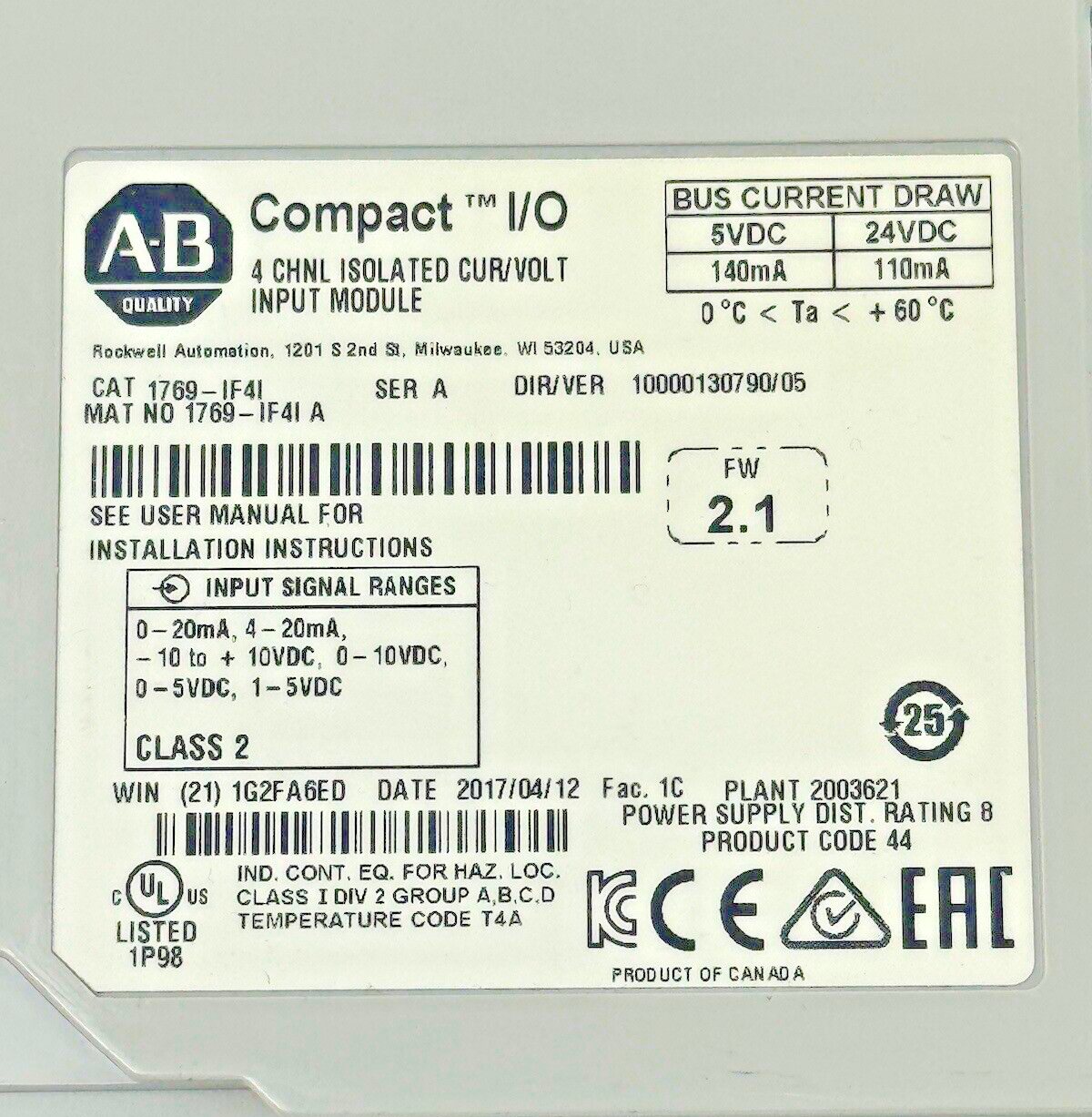 ALLEN-BRADLEY - 1769-IF4I SER. A, F/W REV 2.1, DIR/VER 10000130790/04