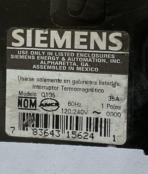 SIEMENS Q135 CIRCUIT BREAKER 120/240VAC 60HZ 35A 1POLE***LOTOF2***