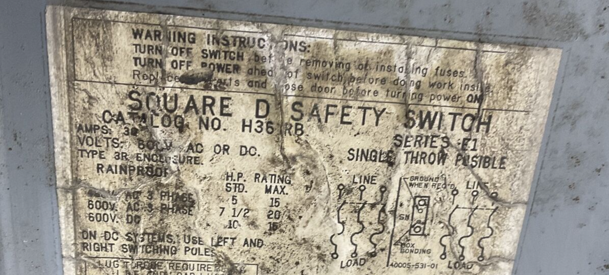 SQUARE D H361RB SAFETY SWITCH 30A 600VAC 2HP 3PH FUSIBLE SER.E1