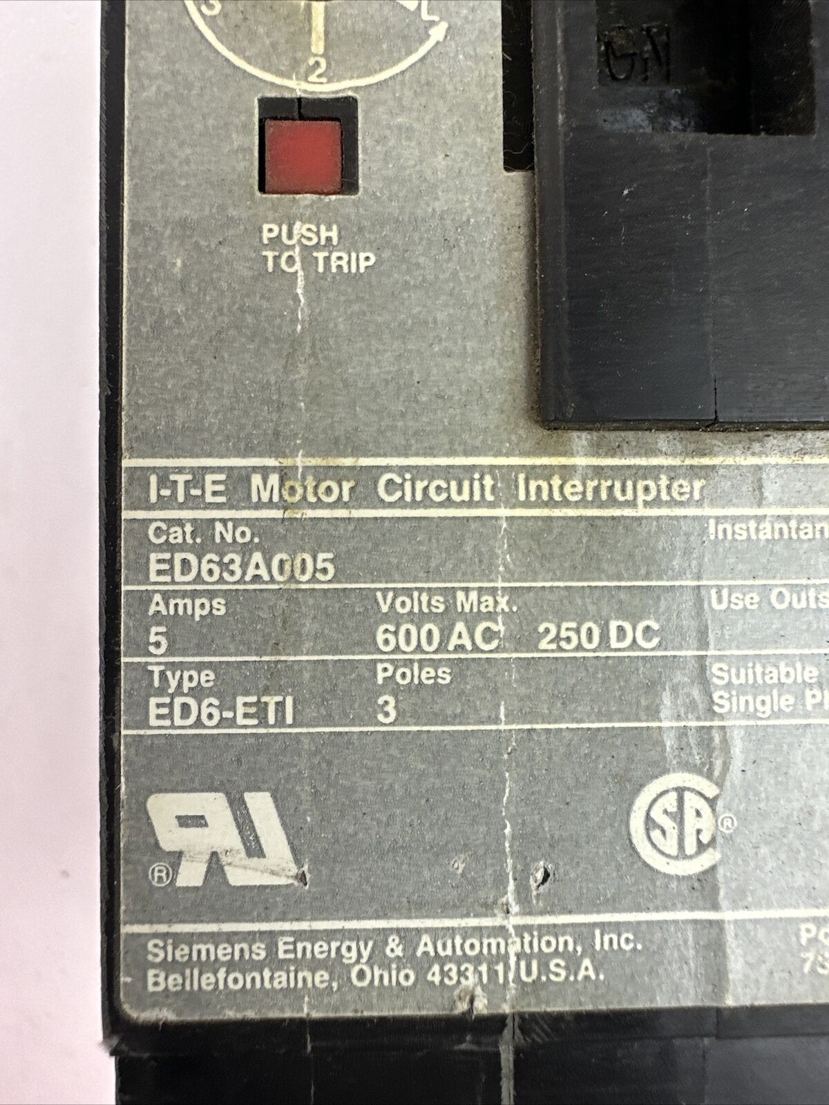 SIEMENS ITE ED63005 MOTOR CIRCUIT INTERUPTER 600VAC 250VDC 5AMP 3POLE
