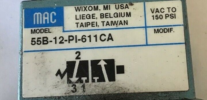 MAC 55B-12-PI-611CA W/ PID-611CAAA SOLENOID VALVE 24VDC 8.5WATT 30-150PSI