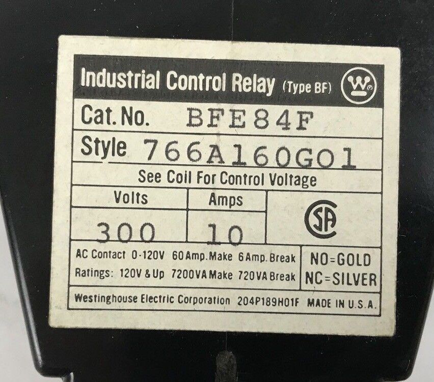 Westinghouse Industrial Control Relay BFE84F - 120V/110V Coil 178C603G01 - 10A