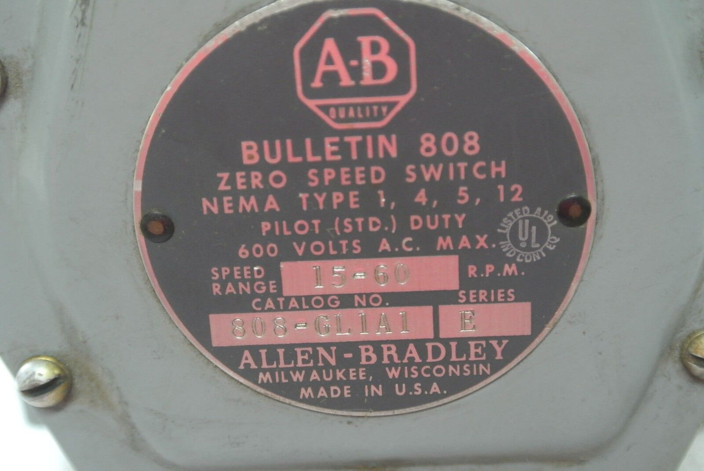 ALLEN-BRADLEY 808-GL1A1 Ser. E SPEED SWITCH 15-60 rpm, 808-GL1A1 - N.O. CONTACTS