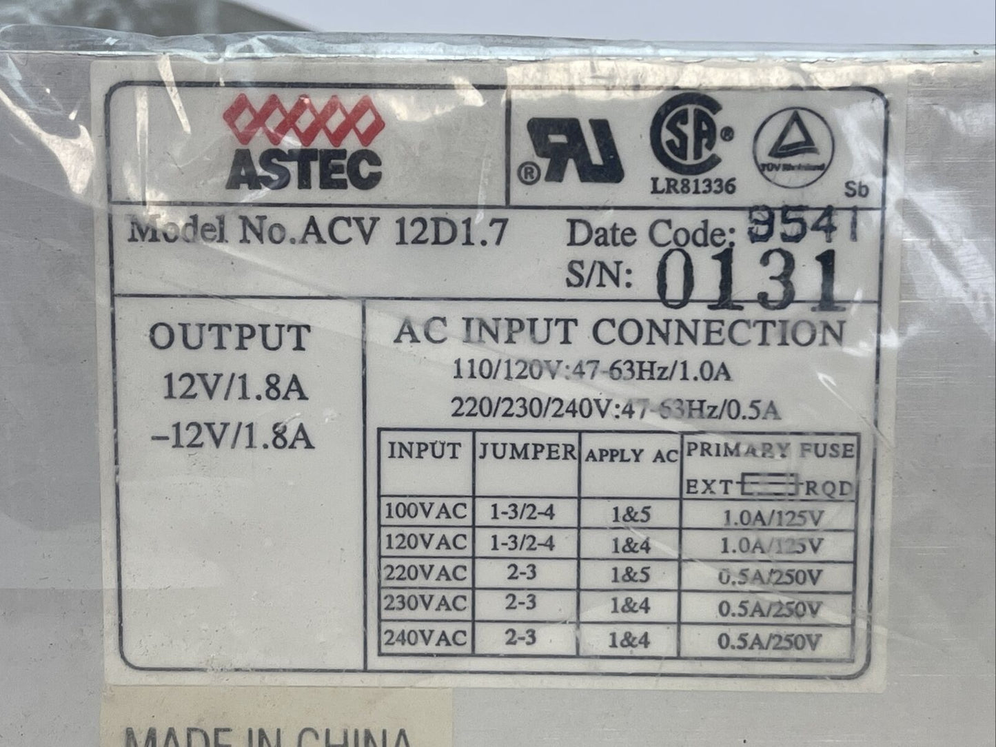 ASTEC ACV 12D1.7 POWER SUPPLY OUTPUT 12V 1.8A INPUT 110/120 47-63HZ 1A 220/230/