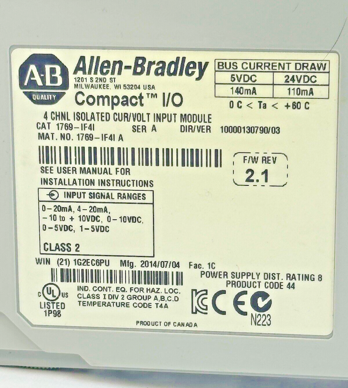 ALLEN-BRADLEY - 1769-IF4I SER. A, F/W REV 2.1, DIR/VER 10000130790/03