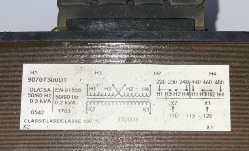 SQUARE D 9070T300D1 CONTROL TRANSFORMER 480V 50/60HZ 0.3KVA 0.2KVA