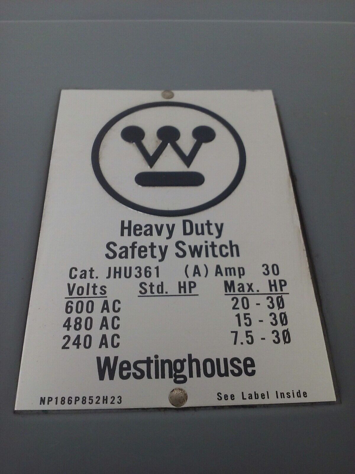 WESTINGHOUSE JHU361- JHFN361 FUSIBLE SAFETY SWITCH , 3PH, 30A, 600V,20HP,NEMA 12