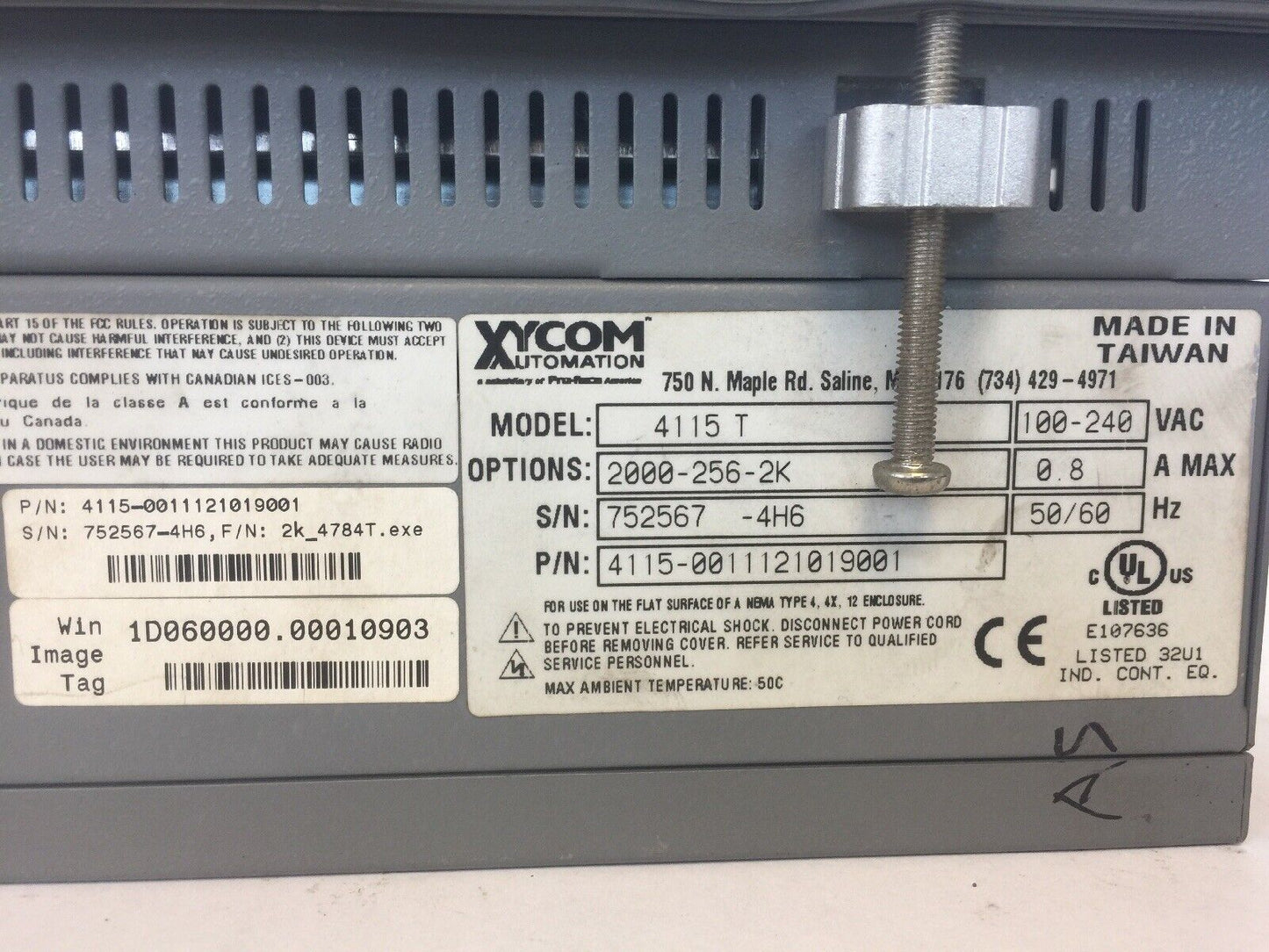 XYCOM 4115T INDUSTRIAL COLOR TOUCH MONITOR 100-240VAC 2000-256-2K OPTION 0.8A