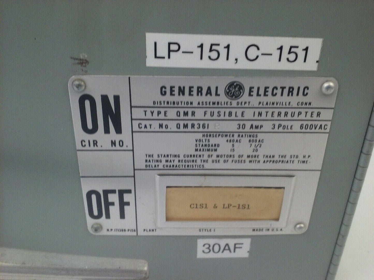 GE TYPE QMR QMR361L QMR361R TWIN FUSIBLE INTERRUPTER SWITCH 30A 600V W/HARDWARE