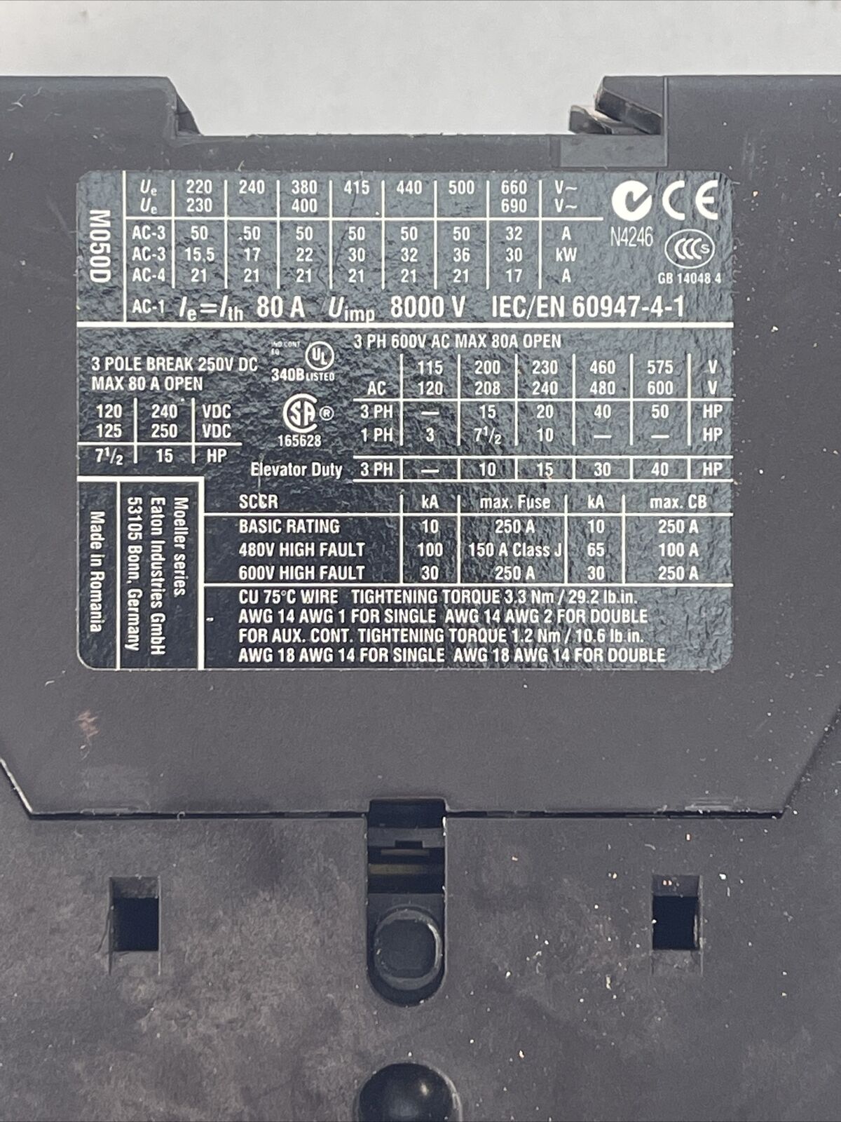 EATON DIL M50 XTCE050D CONTACTOR 600VAC 50HP 80AMP 250VDC 15HP 80AMP 3P COIL 24V