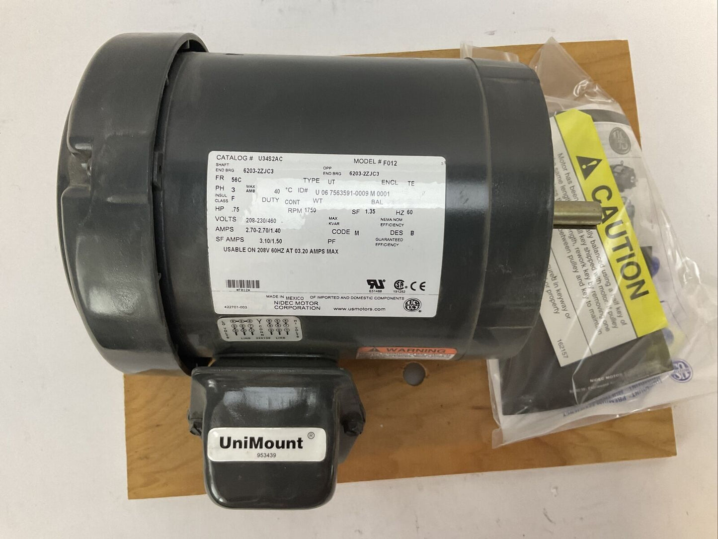 US MOTORS U34S2AC MOTOR 3/4HP 1750RPM 3PH 208-230/460V 2.70-2.70/1.40AMP