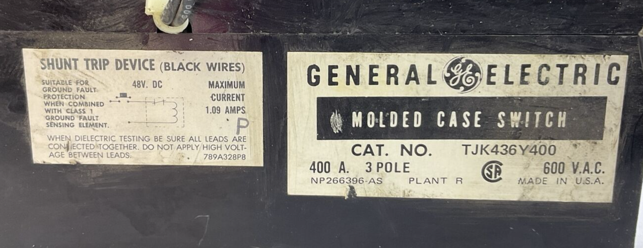 GE TJK436Y400 MOLDED CASE SWITCH 400A 3P 600VAC W/ SHUNT TRIP & AUXILIARY SWITCH