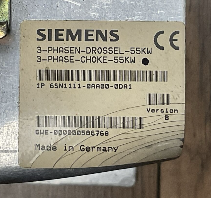 SIEMENS 1P 6SN1111-0AA00-0DA1 3PH CHOKE 55KW LINE REATOR VER B 3-PHASEN-DROSSEL