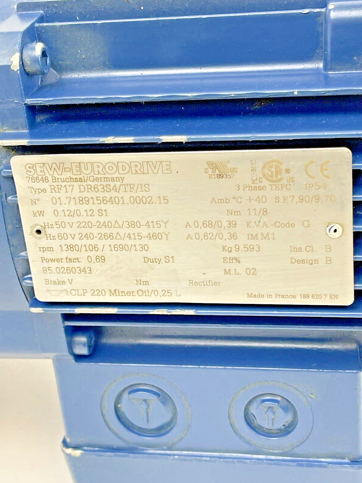 SEW-EURODRIVE - RF17 DR63S4/TF/IS - GEAR MOTOR - 3 PHASE, 1690 RPM, 240 V