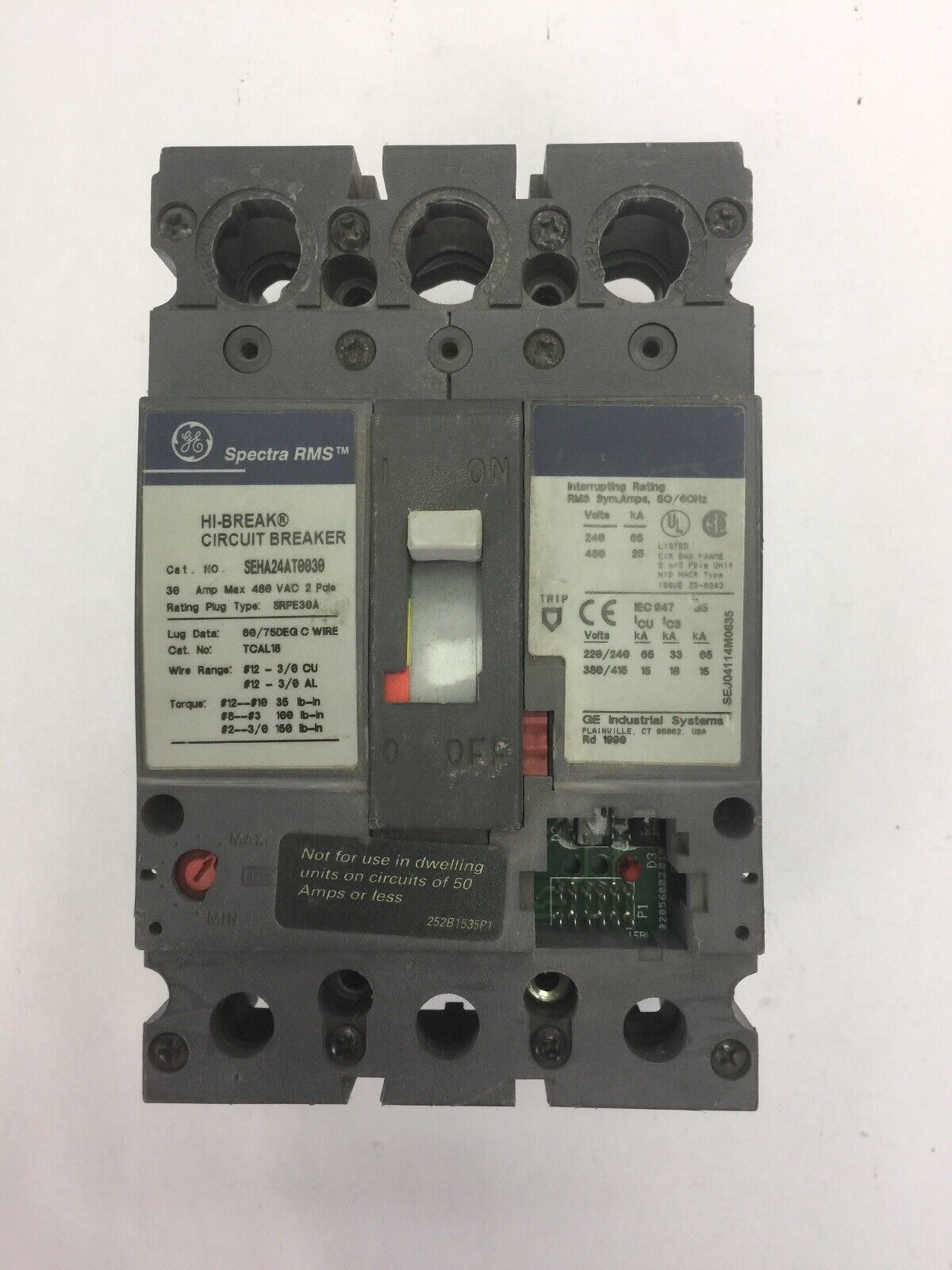 GE SEHA24AT0030 HI-BREAK CIRCUIT BREAKER 480VAC 30A 2P SPECTRA RMS NO TRIP UNIT