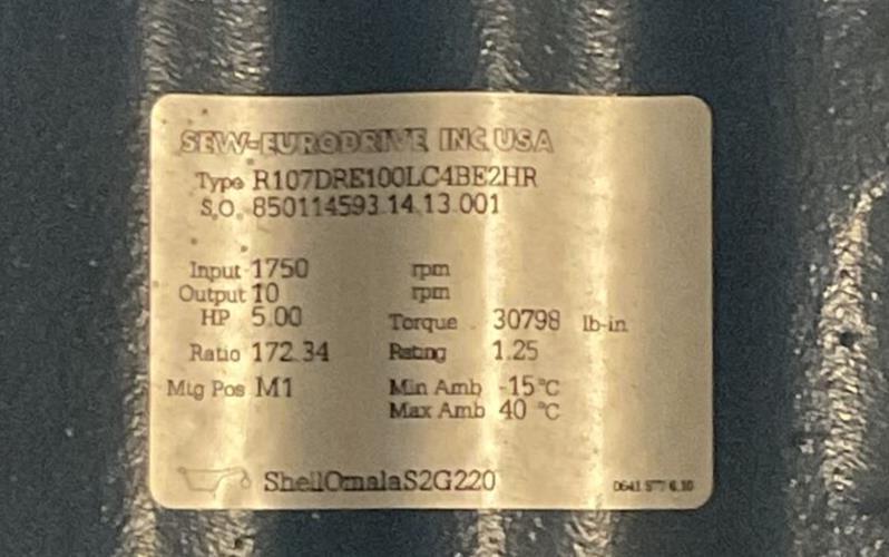 SEW-EURODRIVE R107DRE100LC4BE2HR GEAR MOTOR 5HP 230YY/460Y 12.9/6.5A 1750 IN RPM