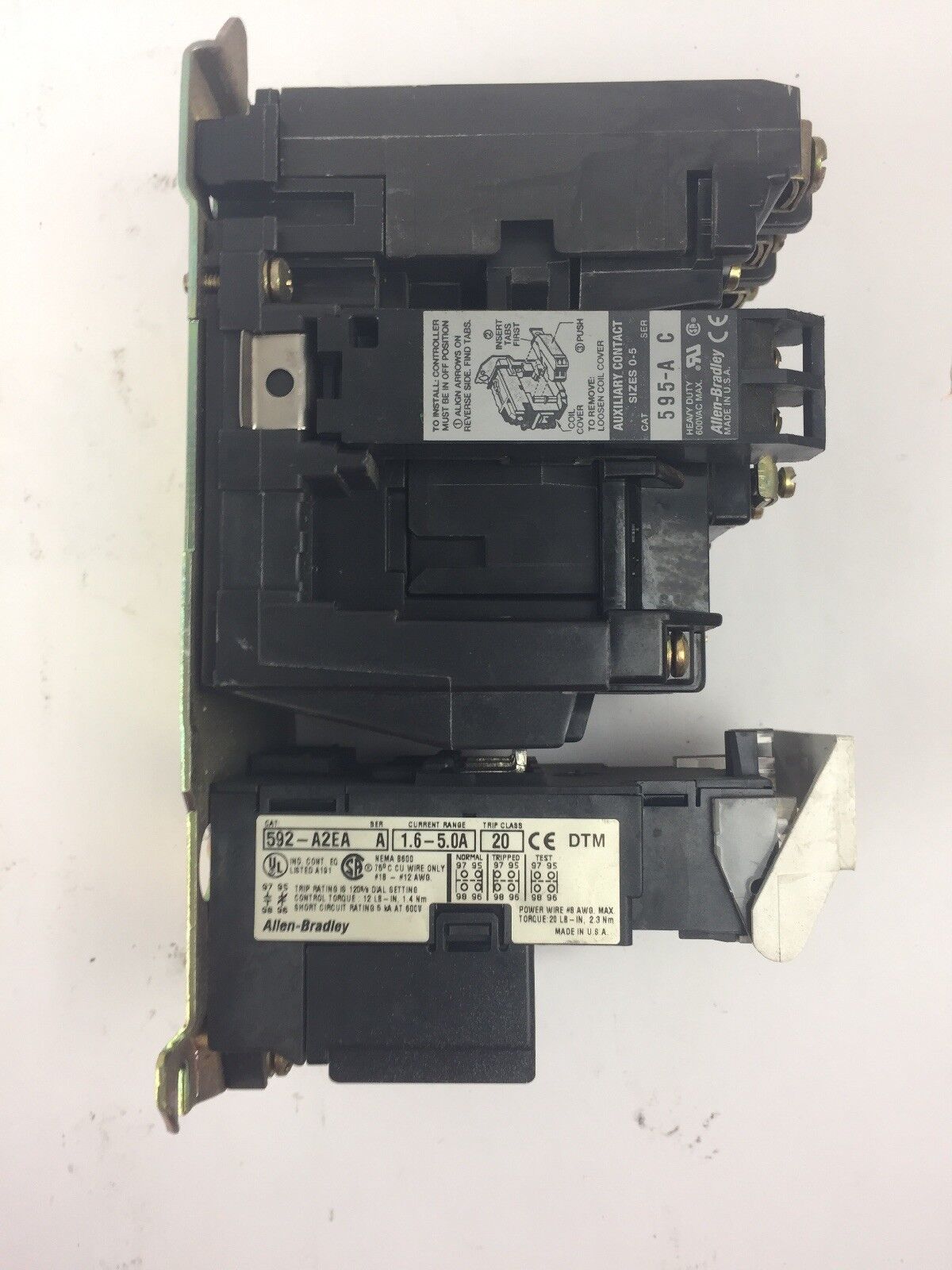 ALLEN BRADLEY 509-A0D-A2E SIZE 0 STARTER 600VAC 18AMP SER B 592-A2EA 1.6-5.0A