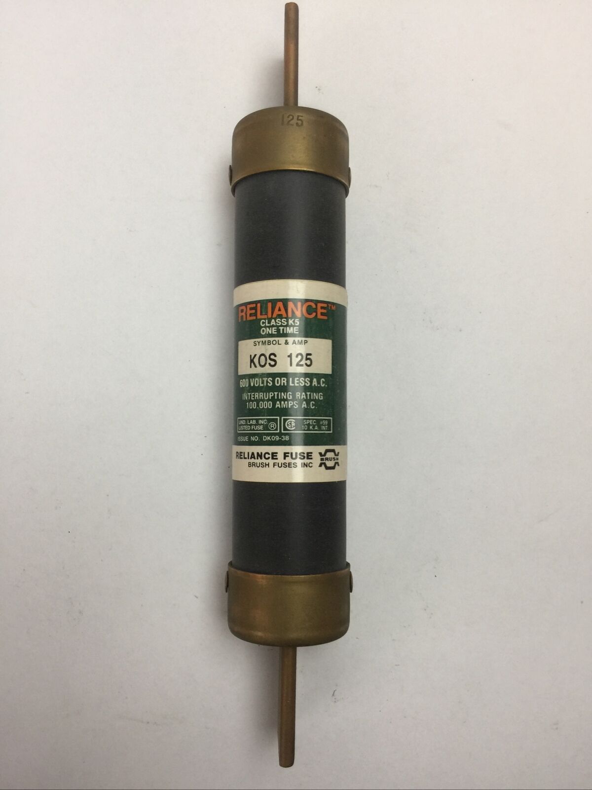 RELIANCE KOS125 CLASS K5 ONE TIME FUSE 125AMP 600VAC