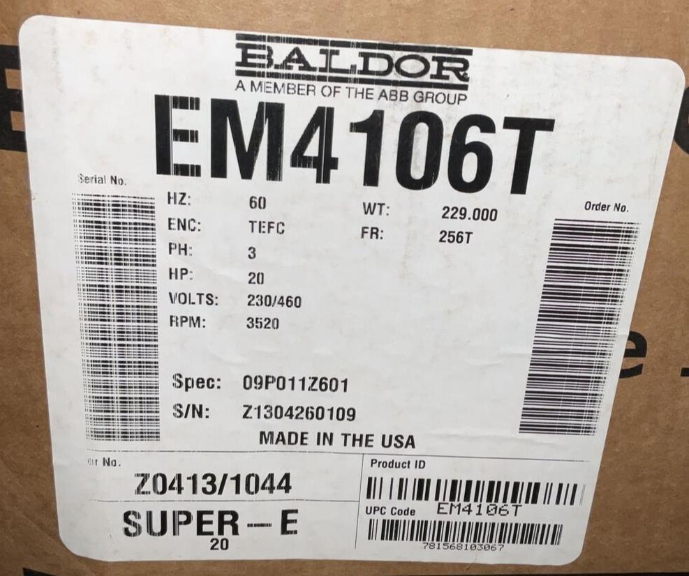 BALDOR EM4106T MOTOR 20HP 230/460V 46/23A 3520RPM 3PH