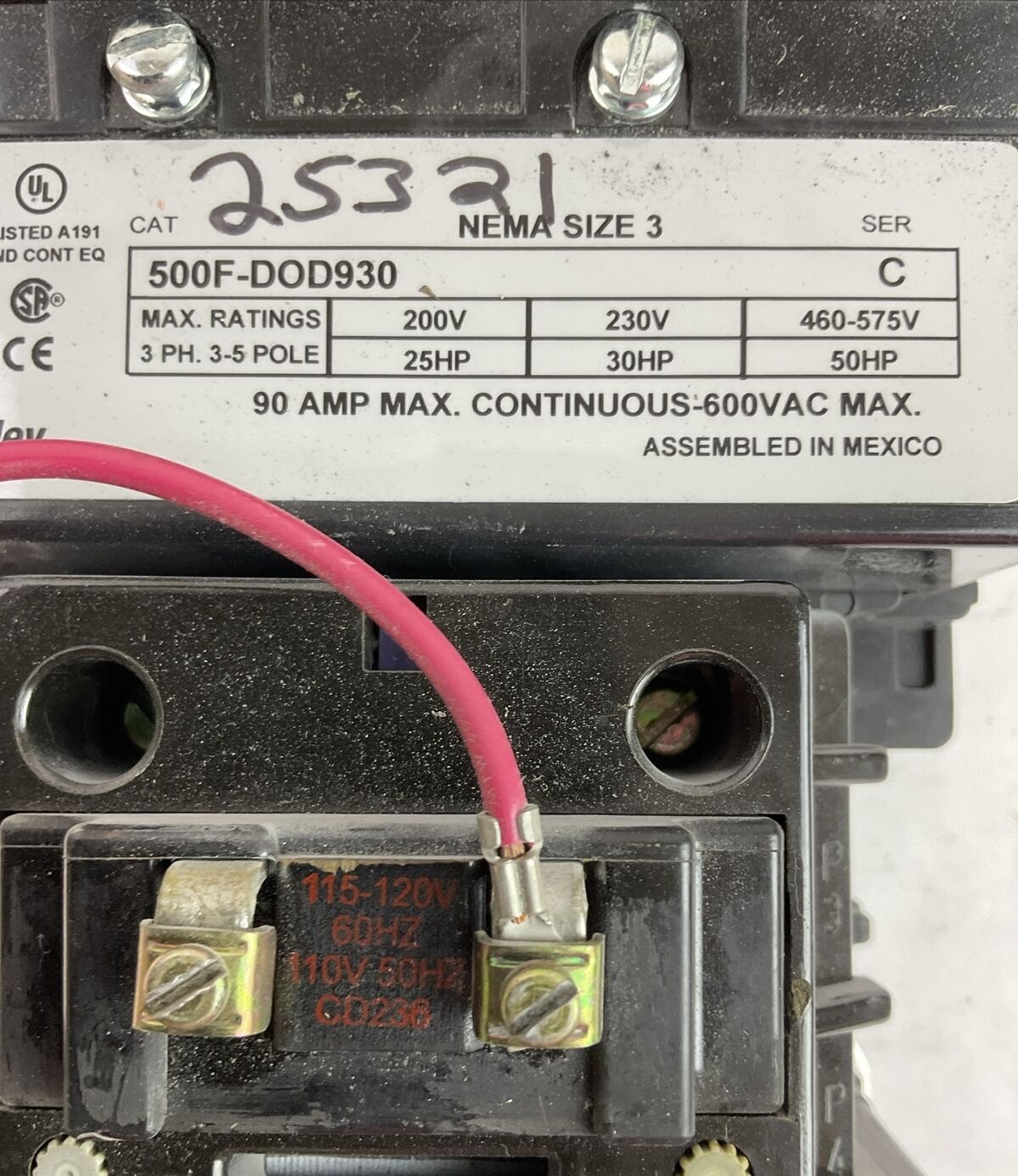 500F-DOD930 SIZE 3 SER C STARTER 600VAC 90AMP 50HP COIL 115-120V W/ W70 HEATERS