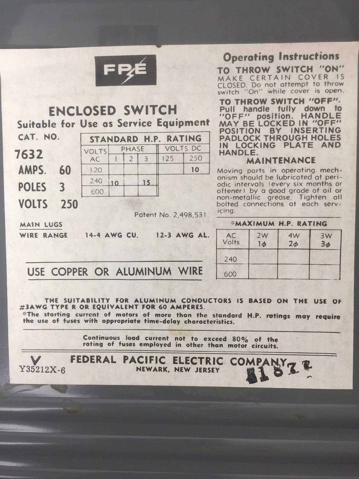 FPE 7632 TYPE LD SAFETY SWITCH 60AMP 250VDC 240VAC 3 POLE 10-15HP