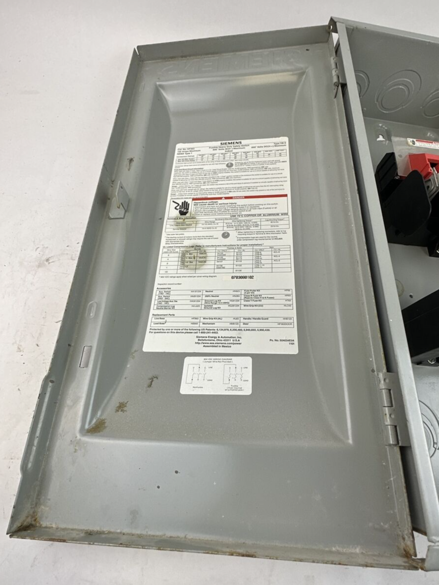 SIEMENS HF363 TYPE VB II FUSIBLE HD SAFETY SWITCH 600V 100AMP NEMA TYPE 1 INDOOR